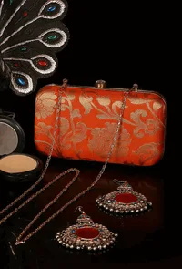 Tangerine Brocade Box Clutch with Sling (8 X 2 X 4.5) image 1