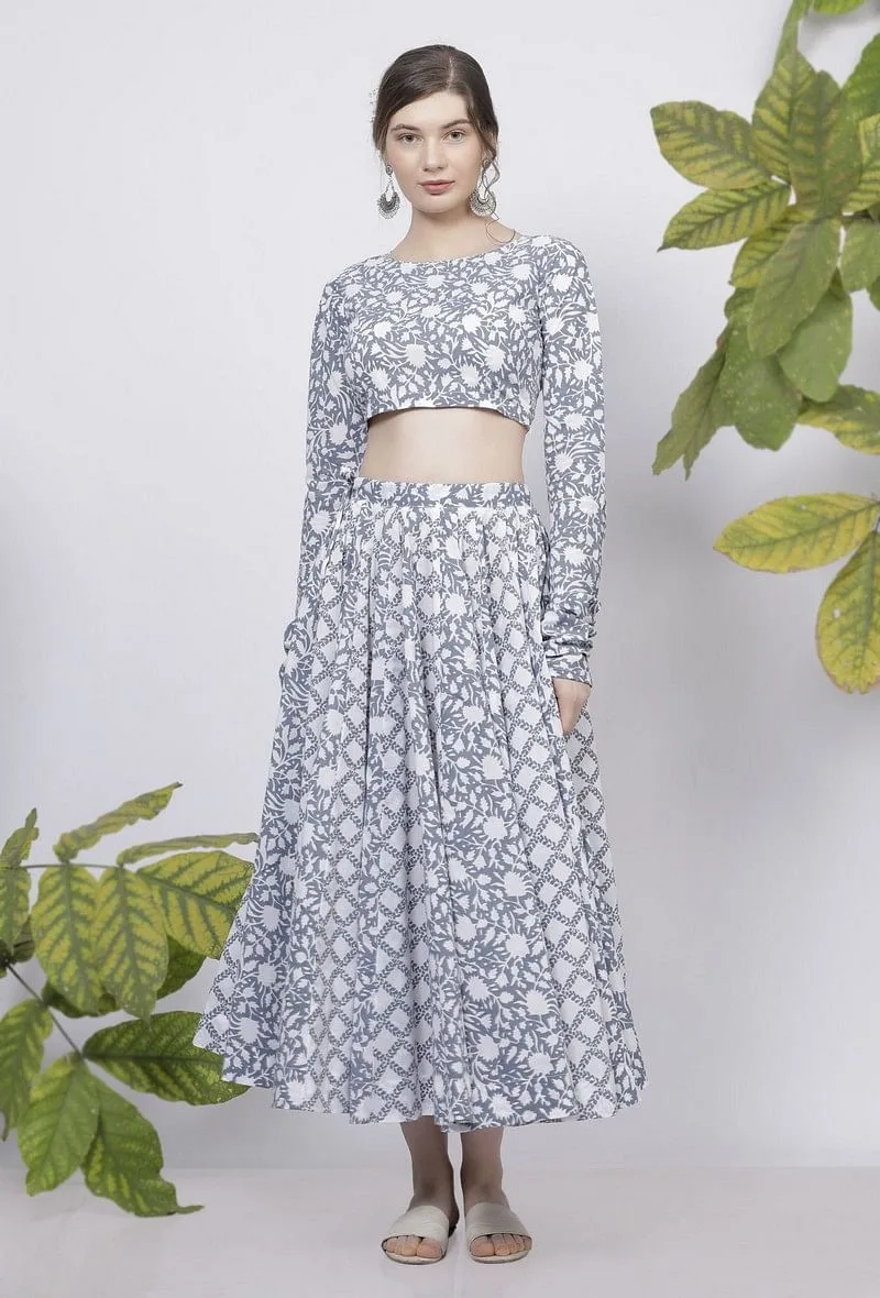 Powder Blue Full sleeves Floral Hand-Block Printed Cotton Blouse