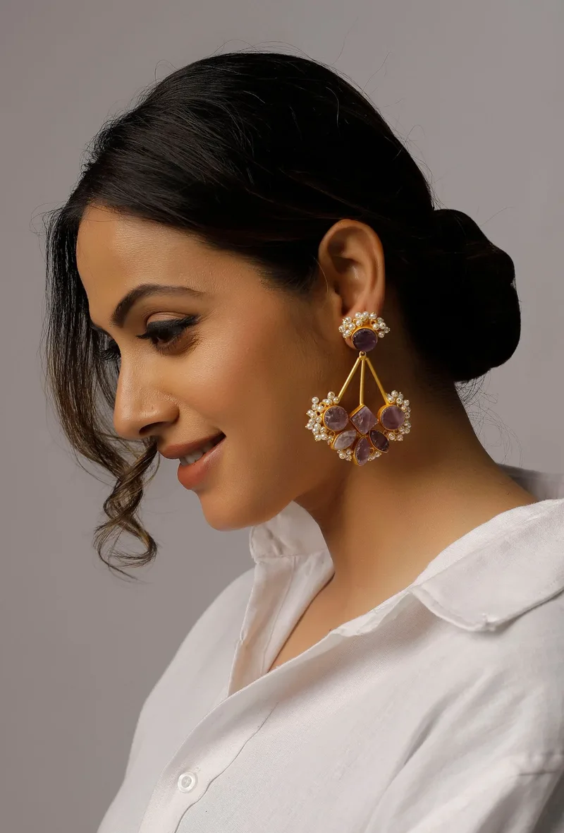 Lilac Purple Stone Pearl Earrings