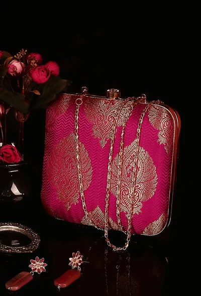 Magenta Brocade Box Clutch with Sling (6.5 X 2 X 6)