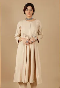 Beige Gathered And Flared Kurta image 1