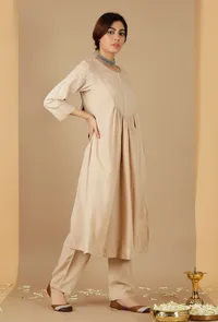 Beige Gathered And Flared Kurta image 2
