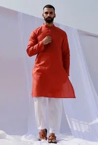 Set Of 2: Scarlet Red Self Weave Cotton Kurta Pyjama Set image 1