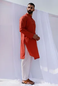 Set Of 2: Scarlet Red Self Weave Cotton Kurta Pyjama Set image 2