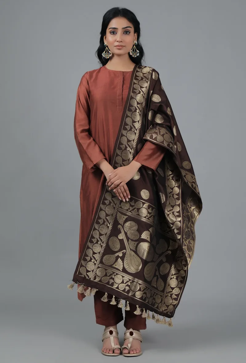 Gold & Coffee Brown Bandhani Brocade Dupatta
