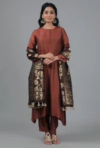 Gold & Coffee Brown Bandhani Brocade Dupatta image 2