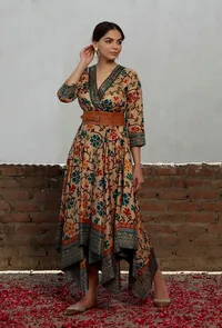 Beige Kalamkari Printed Cotton Silk Asymmetrical Dress image 1