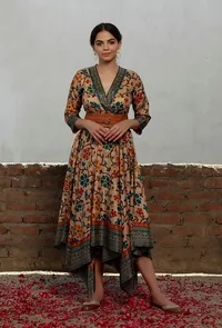 Beige Kalamkari Printed Cotton Silk Asymmetrical Dress image 2