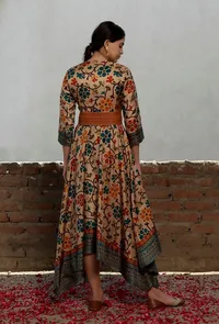 Beige Kalamkari Printed Cotton Silk Asymmetrical Dress image 3