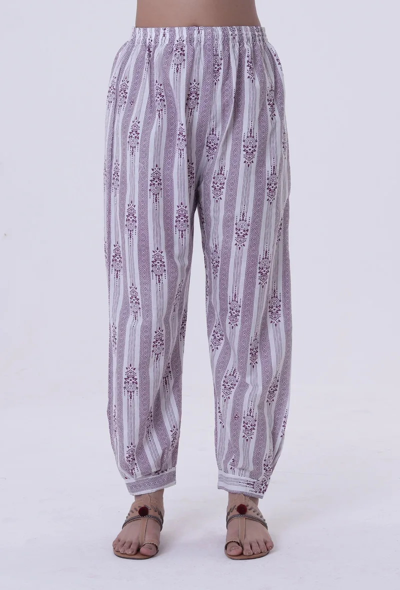 White & Multicolor Motif Cotton Pant