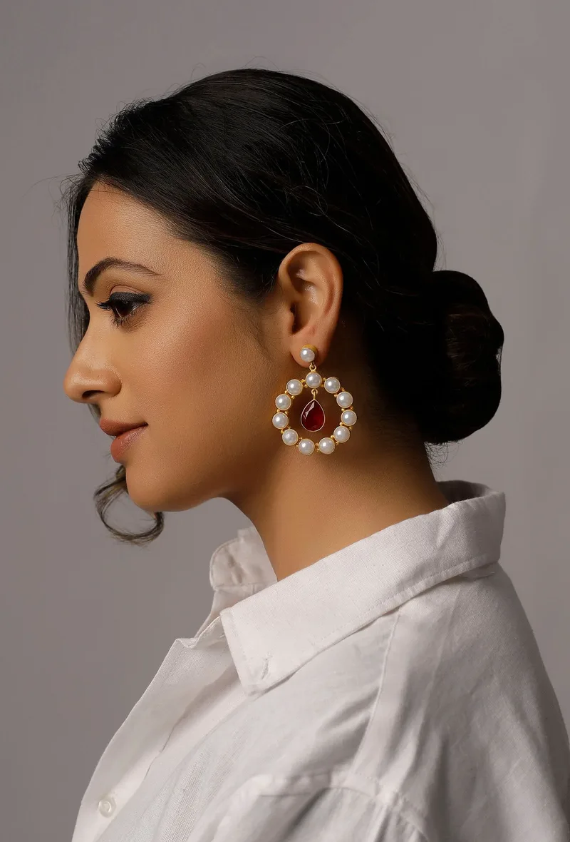 Red Stone Pearl Earrings