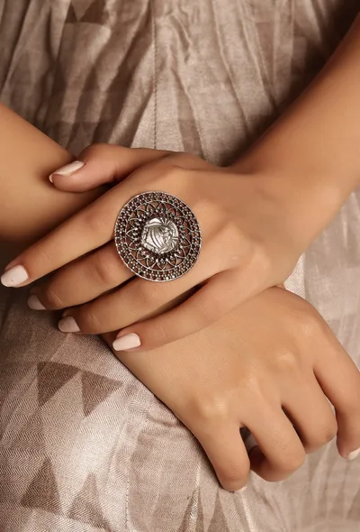 Oxidized Silver Designer Durga Ji Studded Adjustable Ring
