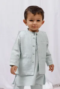 Green Striped Nehru Jacket image 1