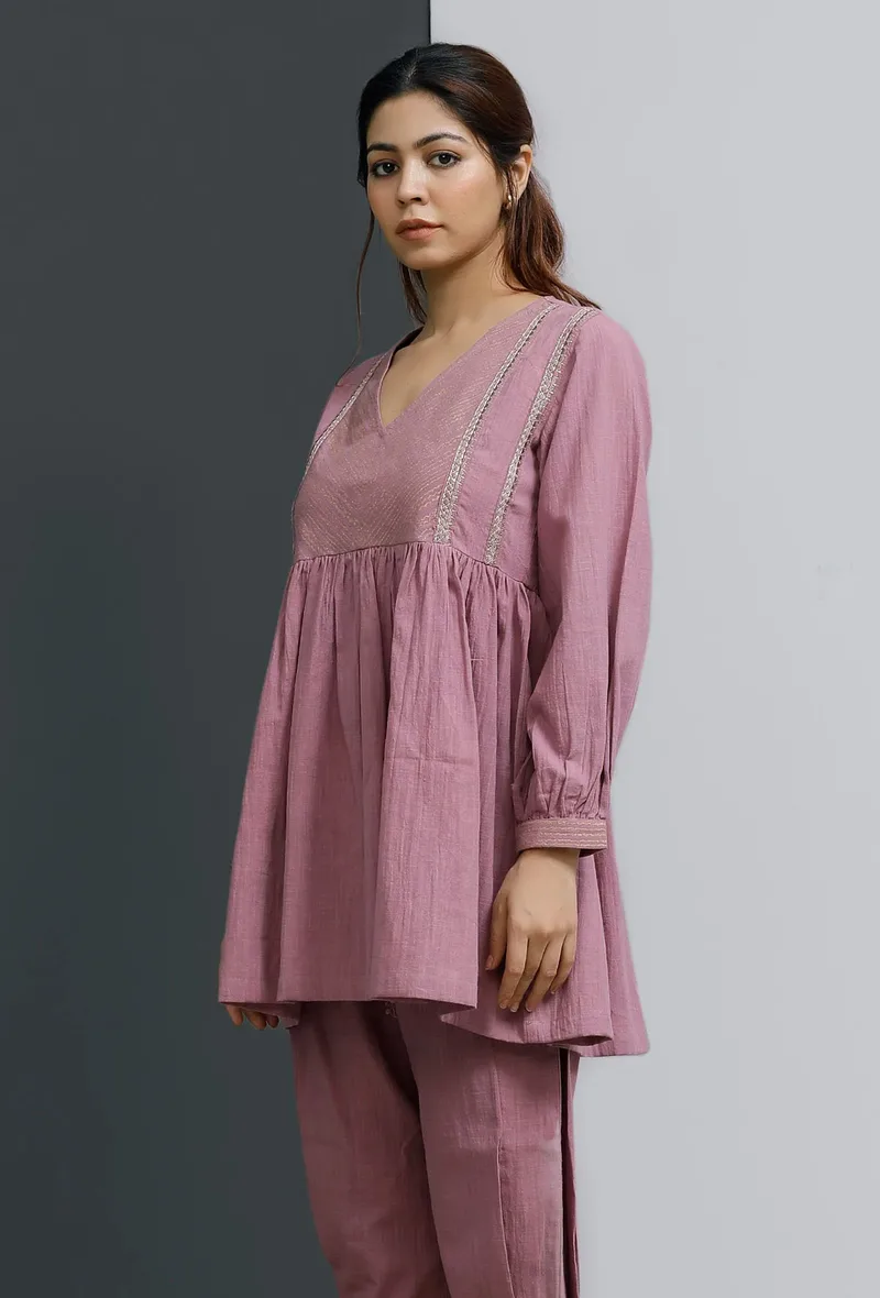 Onion Pink Hand-Block Printed Gathered Short Kurta