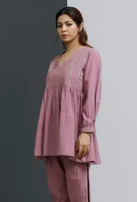 Onion Pink Hand-Block Printed Gathered Short Kurta image 1