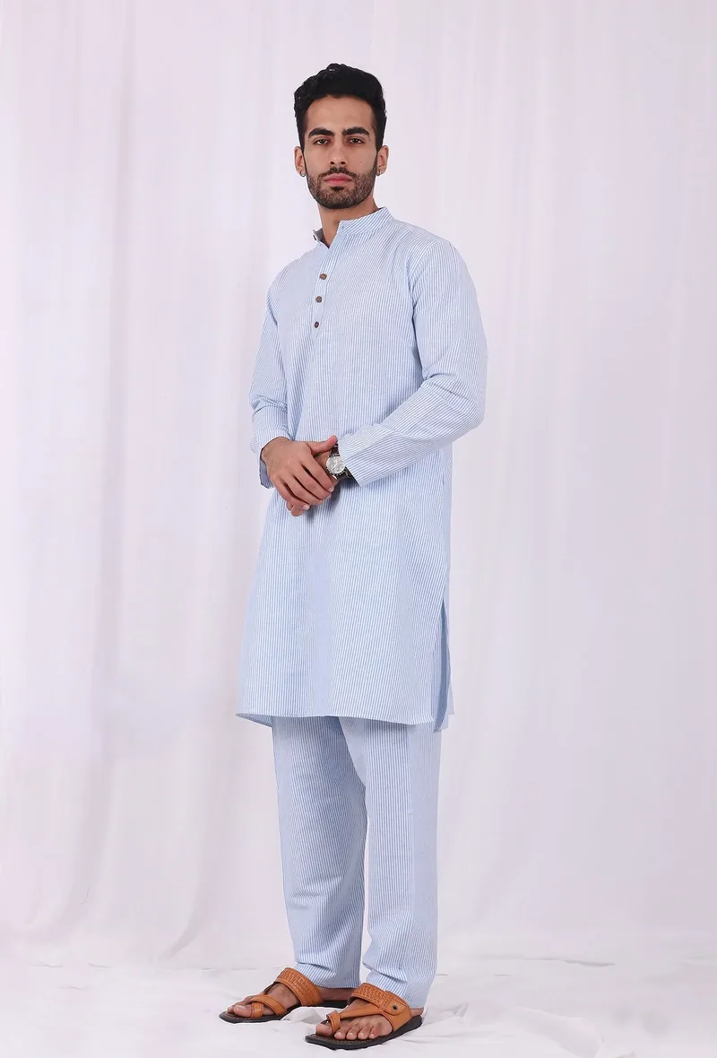 Set of 2: Blue Striped Cotton Kurta and Pajama
