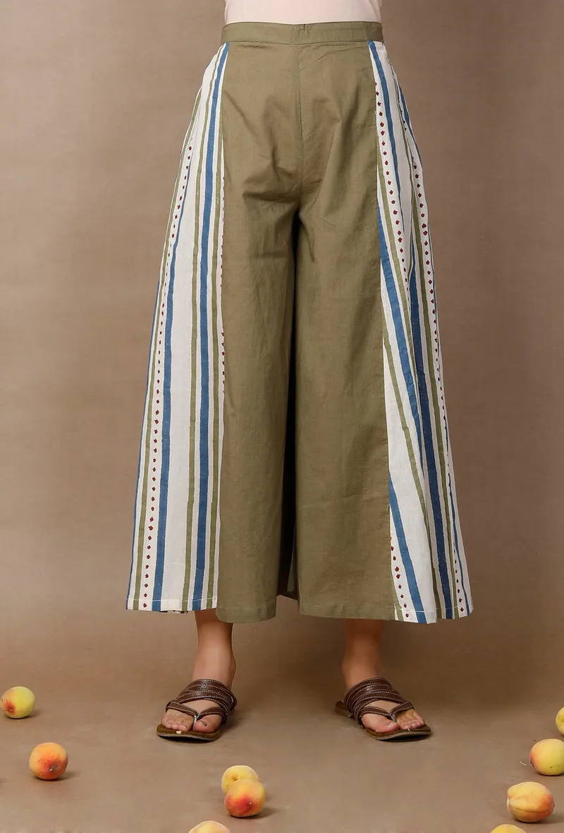 Hand Block Printed Green Cotton Culottes