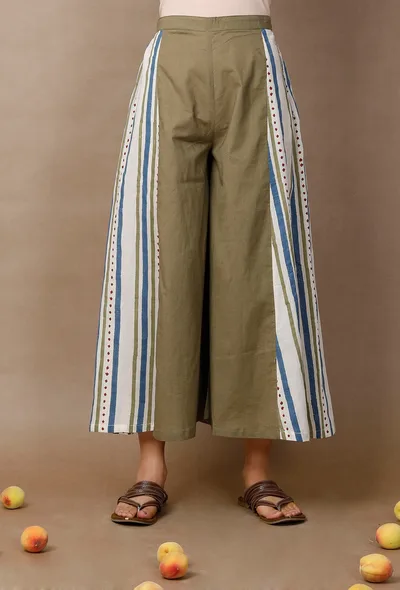 Hand Block Printed Green Cotton Culottes