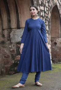 Set Of 2:Innaya Indigo Cotton Flared kurta dress & Churidar image 1