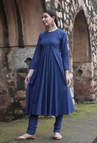 Set Of 2:Innaya Indigo Cotton Flared kurta dress & Churidar image 2