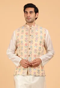 Posy Peach Brocade Sleeveless Nehru Jacket image 1