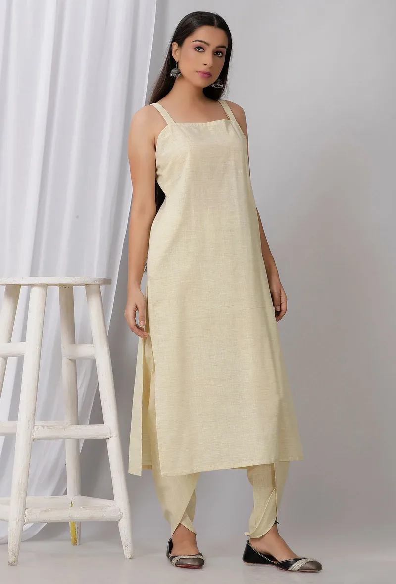 Lemon Yellow Strap Cotton Khadi Kurta