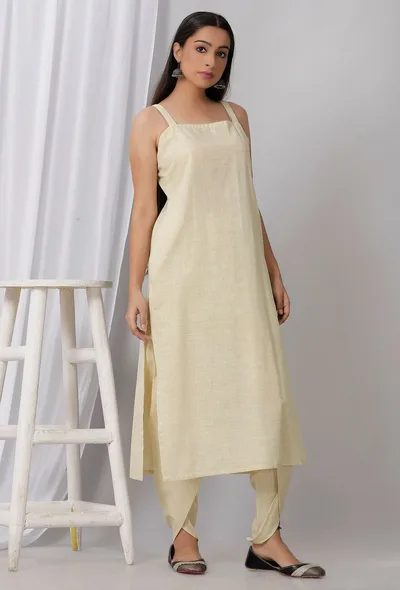 Lemon Yellow Strap Cotton Khadi Kurta
