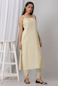 Lemon Yellow Strap Cotton Khadi Kurta image 1