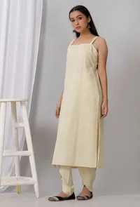Lemon Yellow Strap Cotton Khadi Kurta image 2