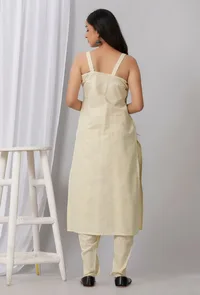 Lemon Yellow Strap Cotton Khadi Kurta image 3