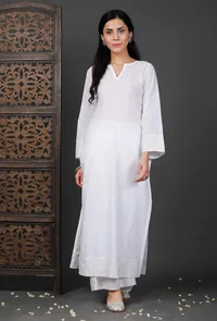 Embroidered Straight White Cotton Kurta image 1