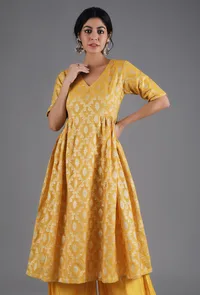 Honey Yelllow Chanderi Jacquard Flared Kurta image 1