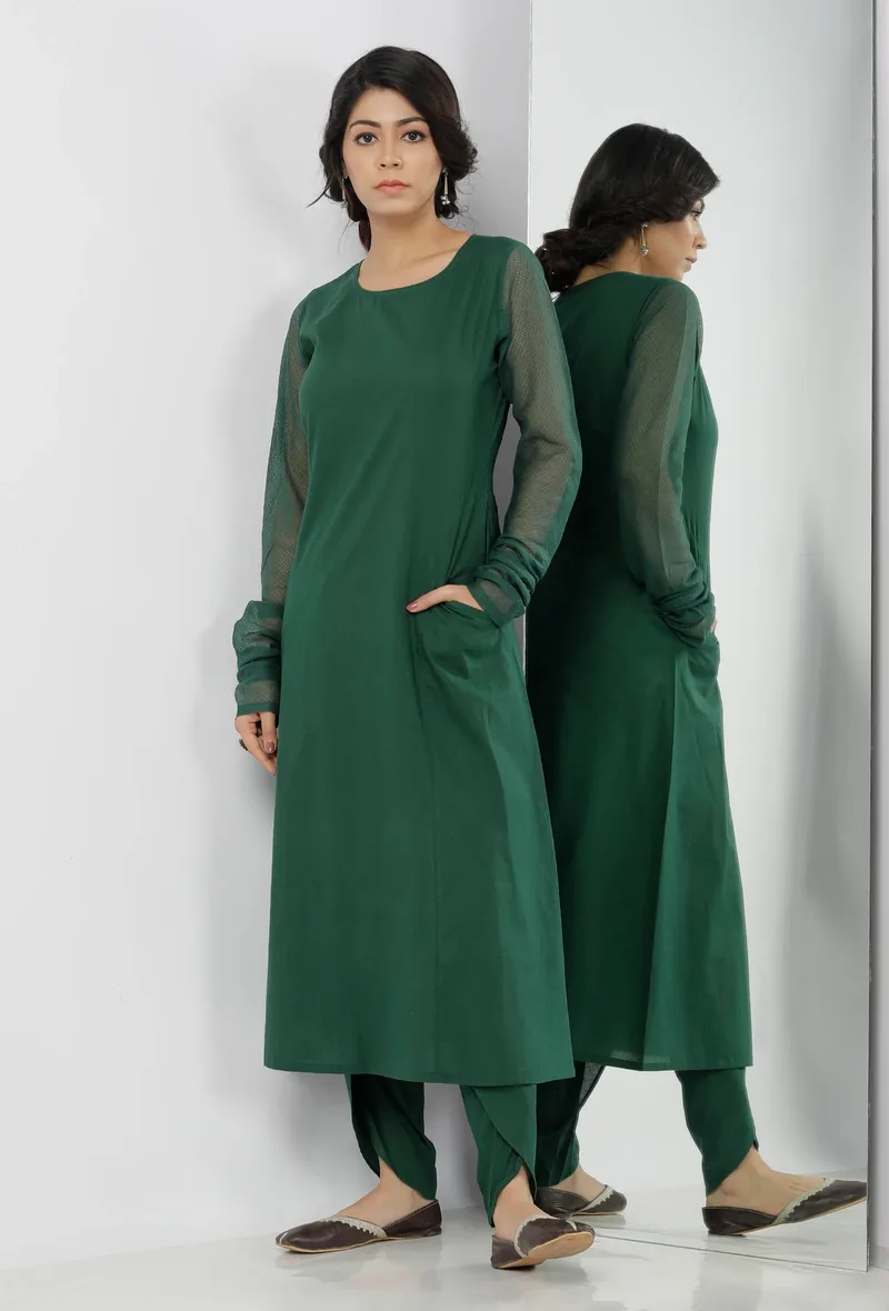 Irvin Bottle Green Round Neck Straight Fit Cotton and Kota Sleeves Plain Kurta
