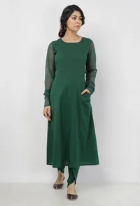 Irvin Bottle Green Round Neck Straight Fit Cotton and Kota Sleeves Plain Kurta image 2
