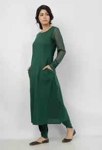 Irvin Bottle Green Round Neck Straight Fit Cotton and Kota Sleeves Plain Kurta image 4