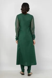 Irvin Bottle Green Round Neck Straight Fit Cotton and Kota Sleeves Plain Kurta image 6