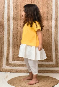 Set Of 2: Yellow and Off-White Mul Mul Kurta With Pants image 3