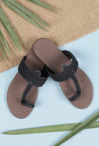 Brown and Black Cruelty free Leather inspired Kolhapuri with multiple braidings image 2