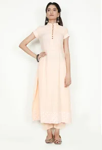Peach Cotton Kurta With Applique Border image 1
