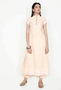 Peach Cotton Kurta With Applique Border image 2
