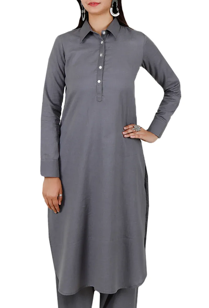 Grey Pure Cotton Pathani Kurta
