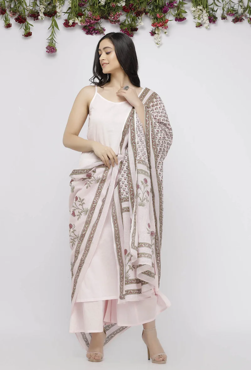 Light Pink Kota Hand-Block Printed Dupatta