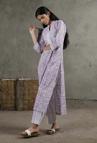 Floral Block Printed Purple Cotton Kurta image 1