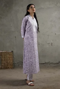 Floral Block Printed Purple Cotton Kurta image 2
