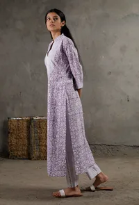 Floral Block Printed Purple Cotton Kurta image 3