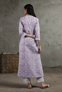 Floral Block Printed Purple Cotton Kurta image 4