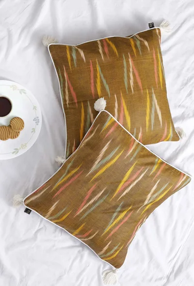 Set of 2: Chocolate Brown Ikat Cotton Cushion Covers