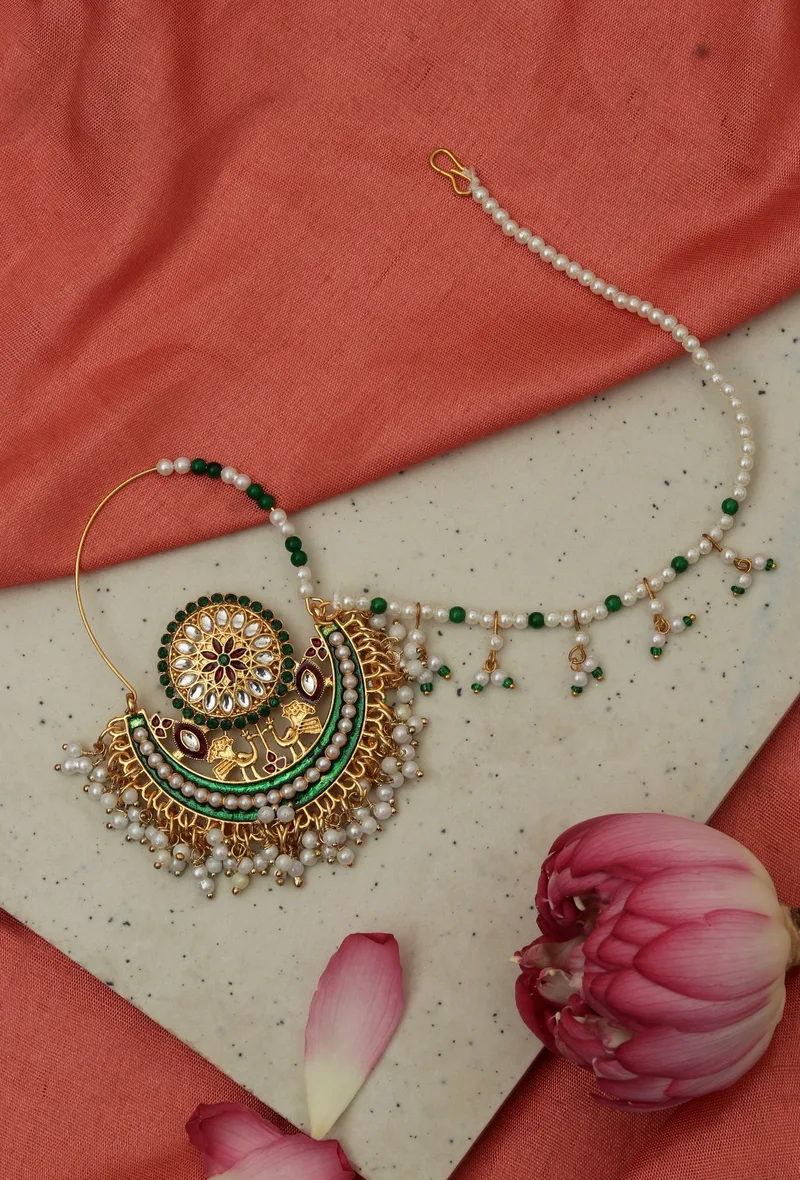 Rajwadi Emerald Pearl Nose Ring Nath