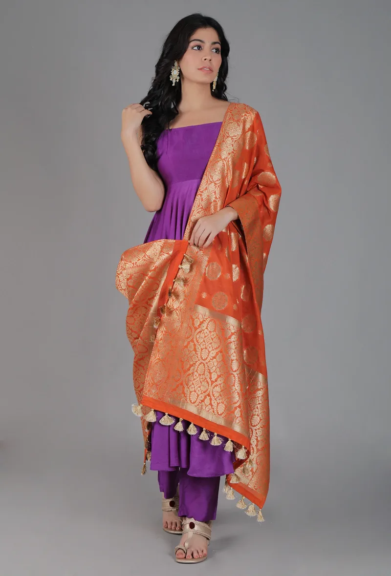 Carrot Orange Chanderi Brocade Dupatta