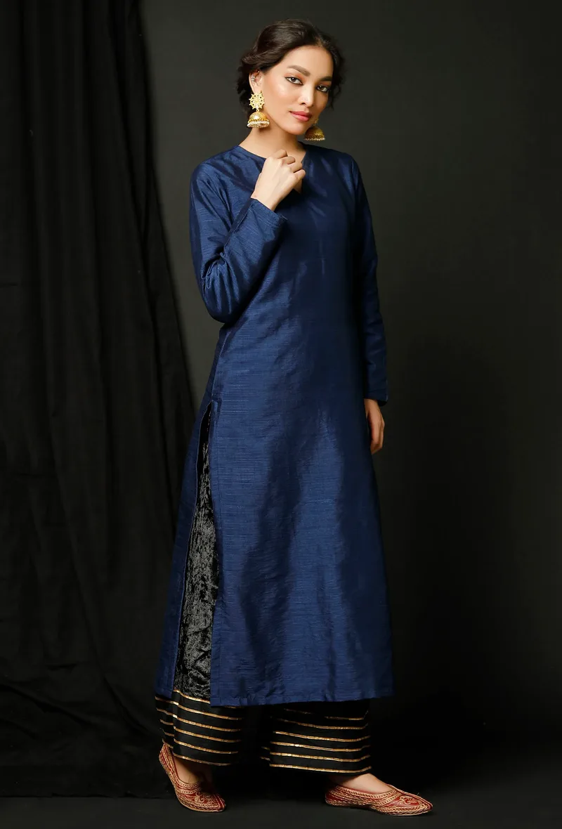 Blue Raw Silk Achkan
